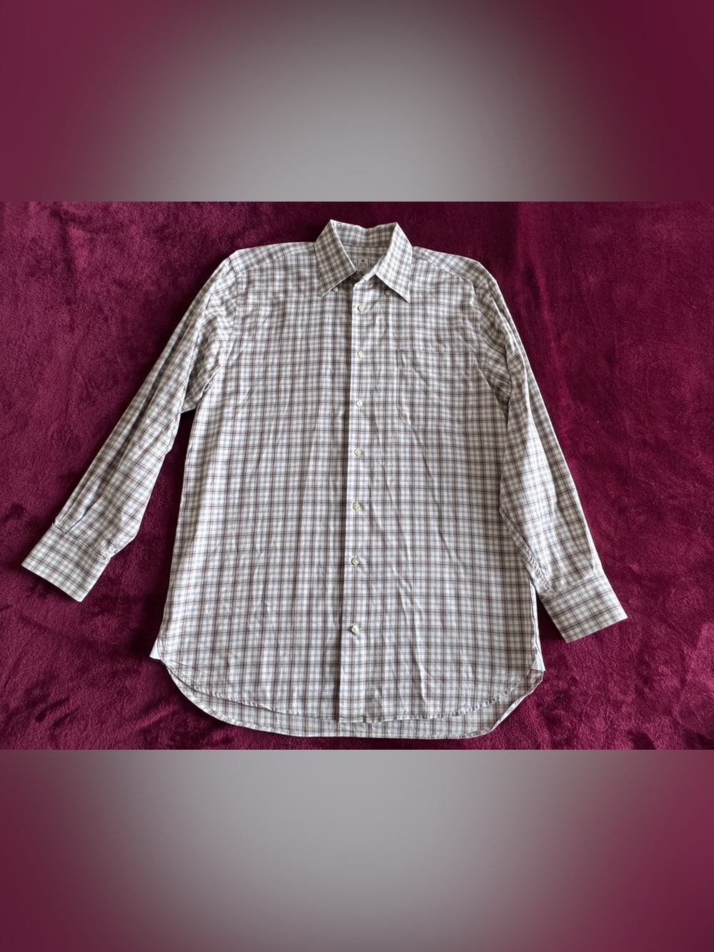 Peter Millar Mens Size M Medium Cream Blue Plaid Long Sleeve Button Down Shirt